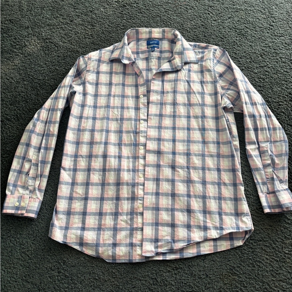 Apt. 9 Men's Premier flex Plaid Shirt - Blue and Pink size 17 1/2 34/35